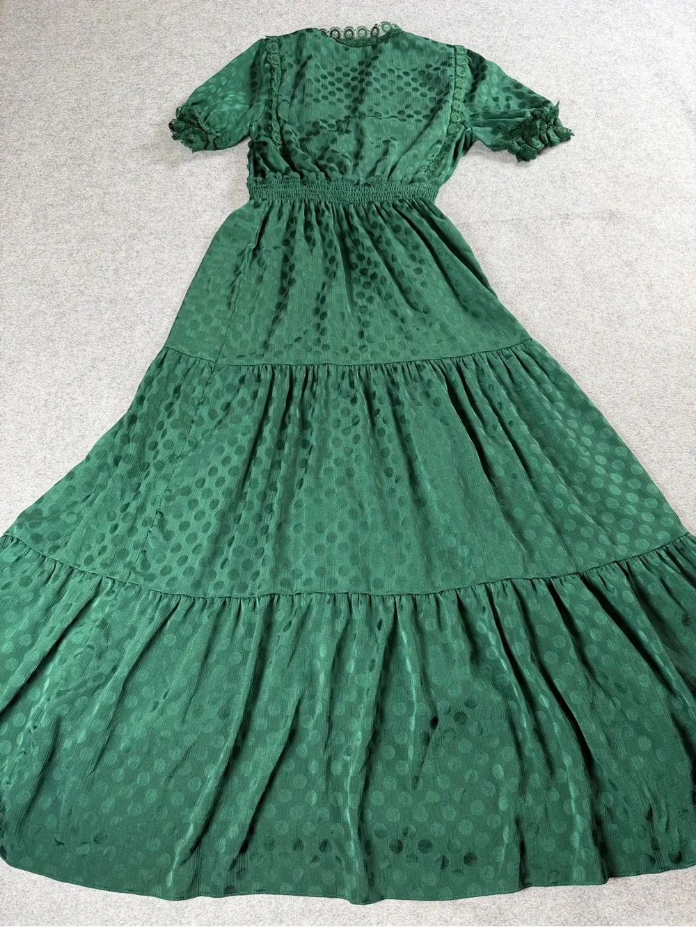Max Studio Emerald Sheer Lace Satin Polka Dot Tiered Maxi Dress Forest Goddess - Picture 4 of 16